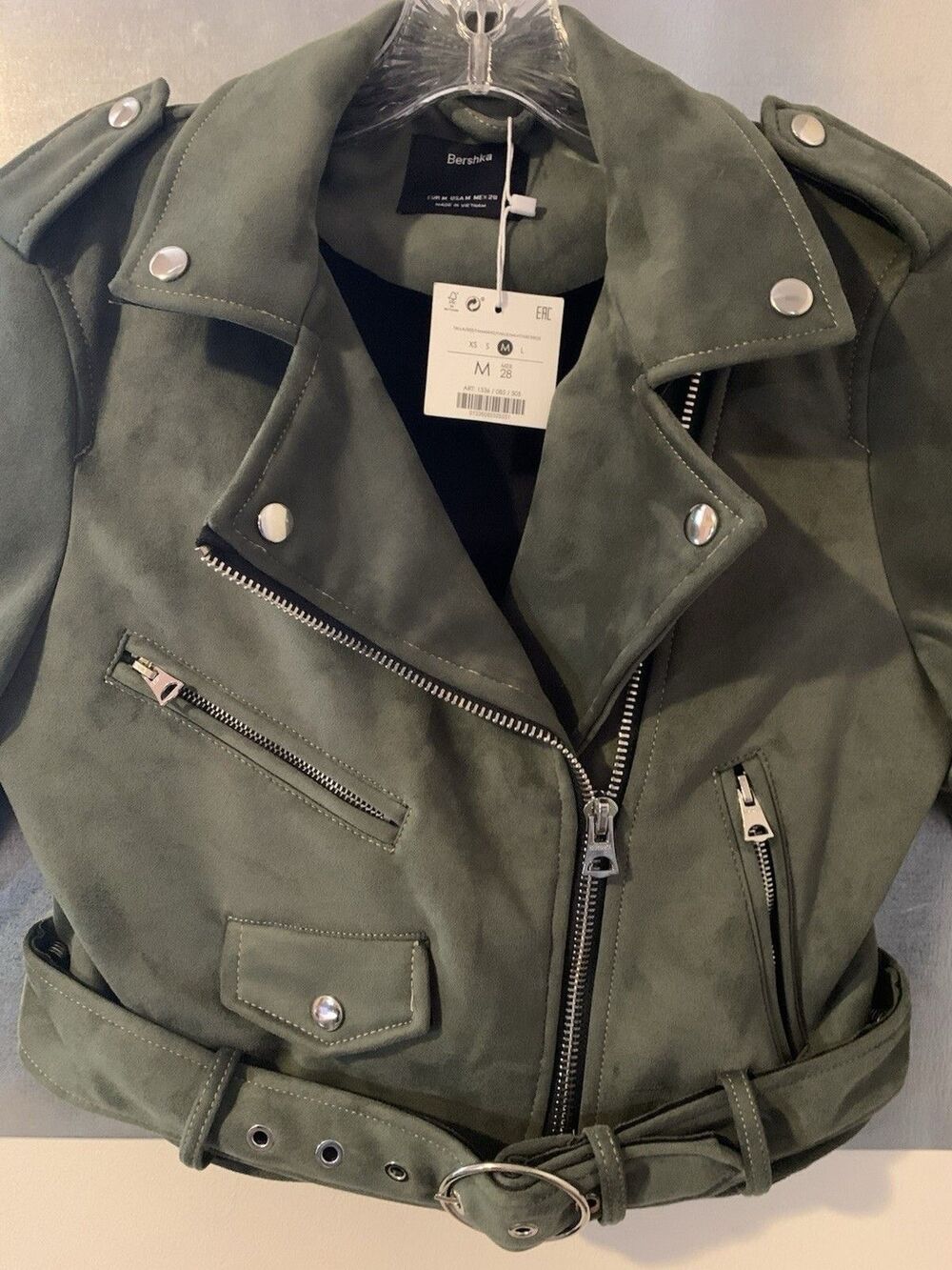 Moto Biker Eco-Suede Leather Jacket Olive Cropped Metallic M NEW w/Tag Bershka